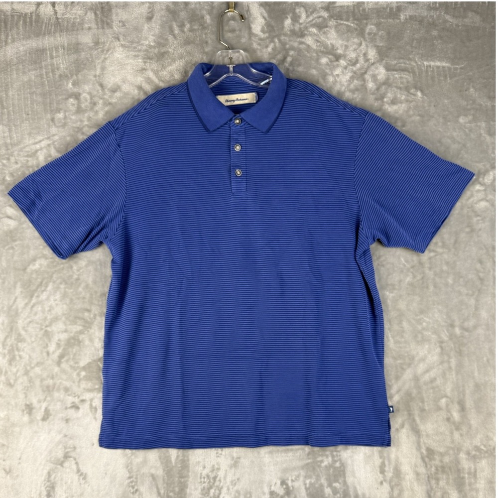 Tommy Bahama Mens Polo Shirt Blue Stripe Short Sleeve Casual Golf Top Size L